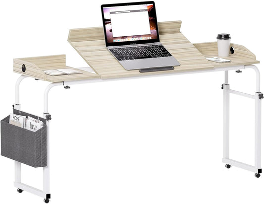 NEW - sogesfurniture Over Bed Table with Wheels, 60" Height Adjustable Overbed Table with Adjustable Tiltable Tabletop and Side Storage Bag, Mobile Hospital Table Over Bed for Home use, Maple - Retail $80