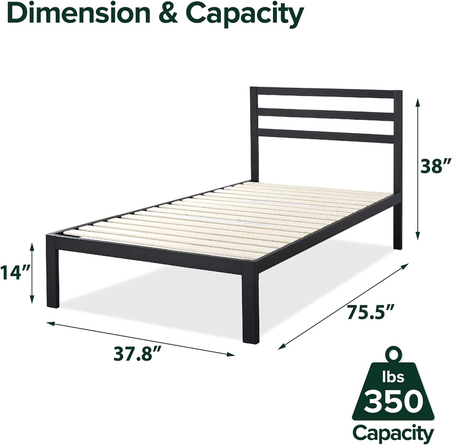 NEW - ZINUS Mia Metal Platform Bed Frame with Headboard / Wood Slat Support / No Box Spring Needed / Easy Assembly, Twin ,Black - Retail $95