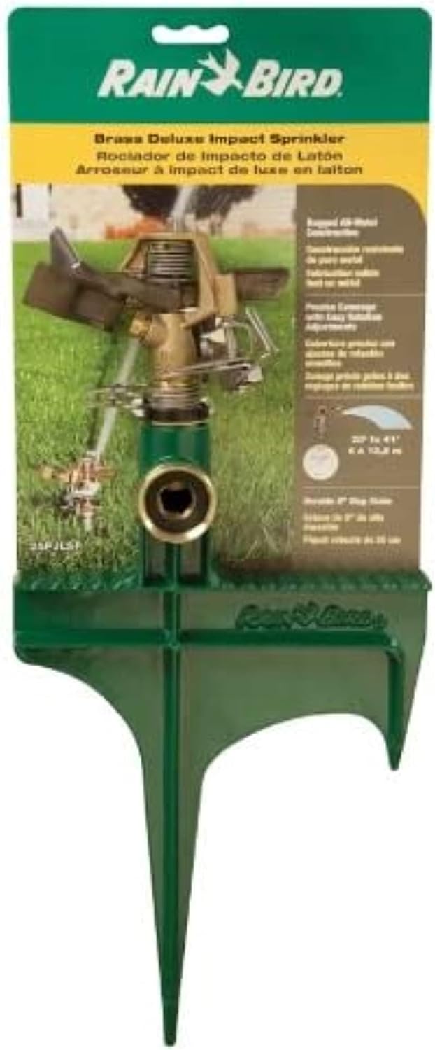 Rain Bird 25PJLSP Hose-End Brass Impact Sprinkler on Large Spike, Adjustable 20° - 360° Pattern, 20' - 41' Spray Distance , Green - Retail $30