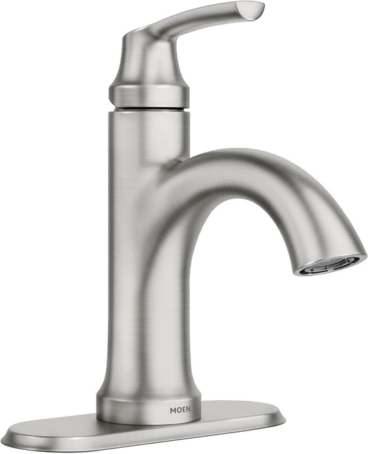 NEW - Moen Wellton Single-Handle Spot Resist Brushed Nickel Bathroom Faucet, One Hole Bathroom Sink Faucet with Optional Deck Plate and Drain Assembly, 84980SRN - Retail $59