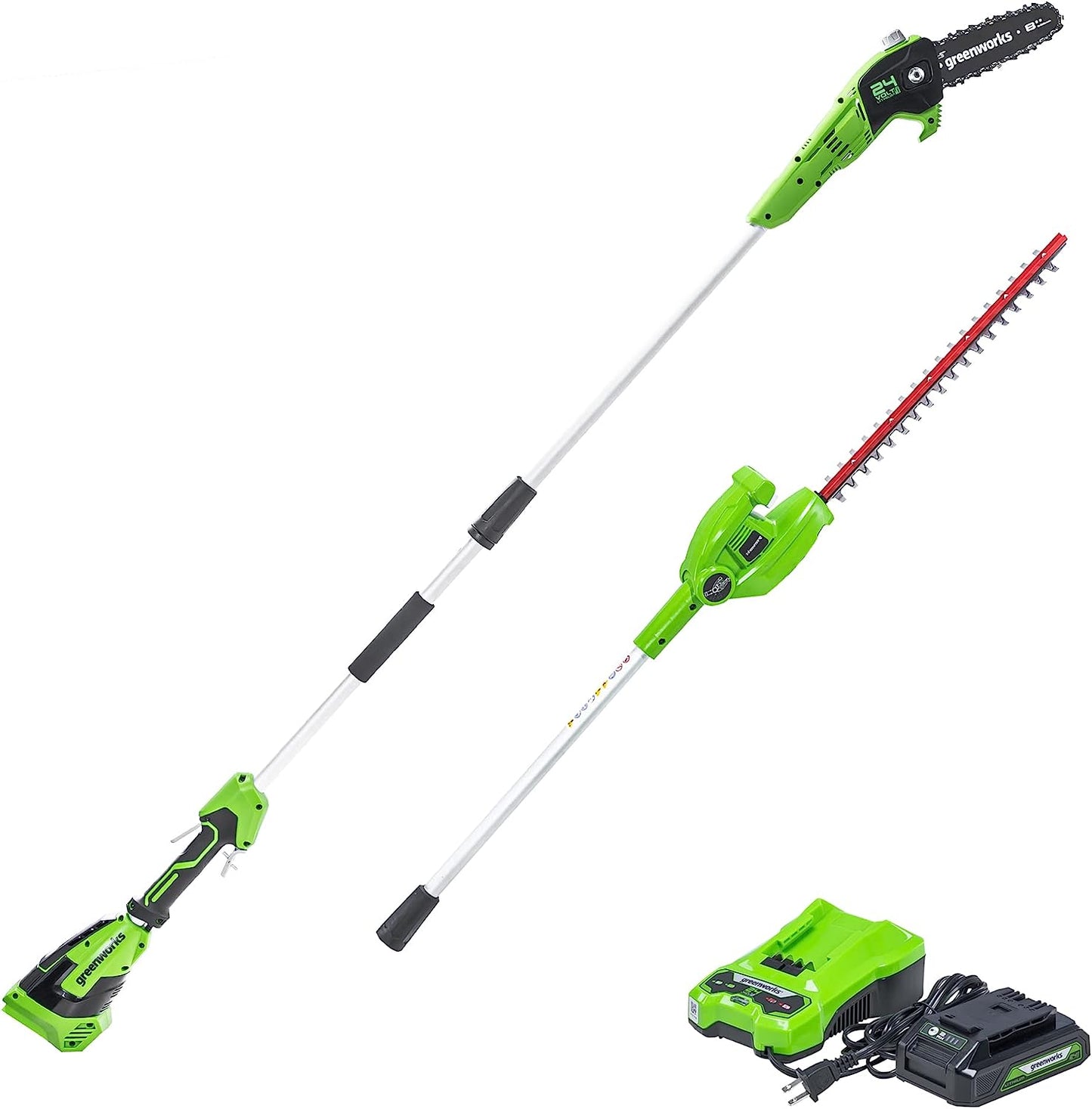 Greenworks 24V 8"  Polesaw + 20" Pole Hedge Trimmer Combo, Battery and Charger - Retail $199