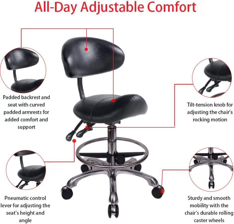 NEW - Saddle Stool Chair with Backrest and Foot Ring, Ergonomic Rolling Esthetician Seat for Salon, Tattoo Shop, Spa, Facial lash Home, Dentist Clinic, Esthetician Chair, Black - Retail $158