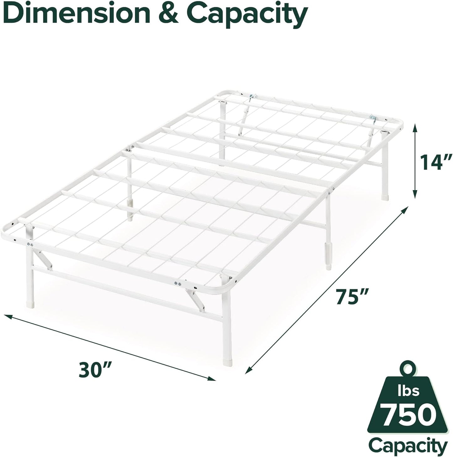 NEW - ZINUS NARROW TWIN SmartBase Tool-Free Assembly Mattress Foundation / 14 Inch Metal Platform Bed Frame / No Box Spring Needed / Sturdy Steel Frame / Underbed Storage, White, Narrow Twin - Retail $65