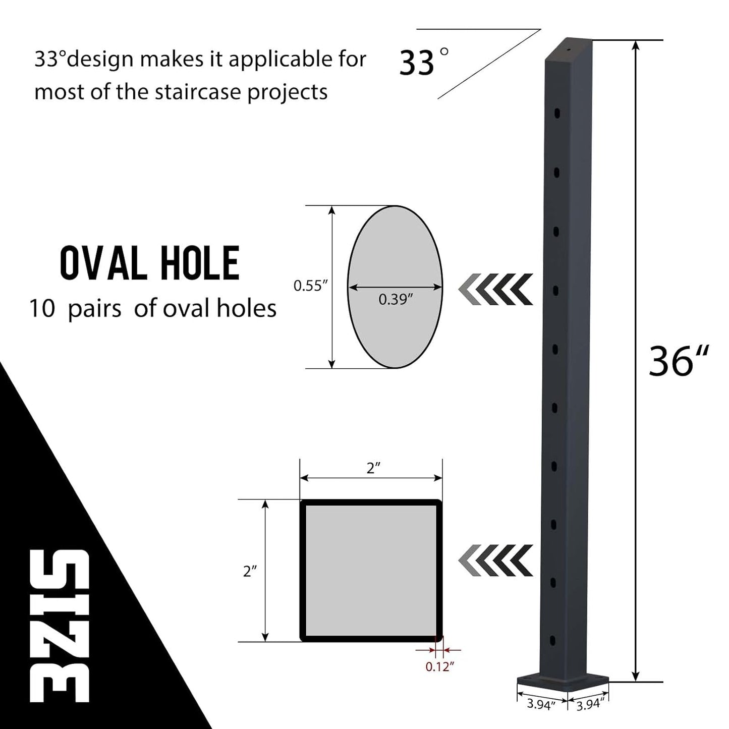 NEW - Dawn Railing Cable Railing Post 36”x2”x2” Steel 33 Degree Square End Post, Pre-Drilled in 10 Pairs of Hole with Flat Top Connector Black Coating Finishing Surface for Wood Concrete Stair Deck, 2 Pack - Retail $230