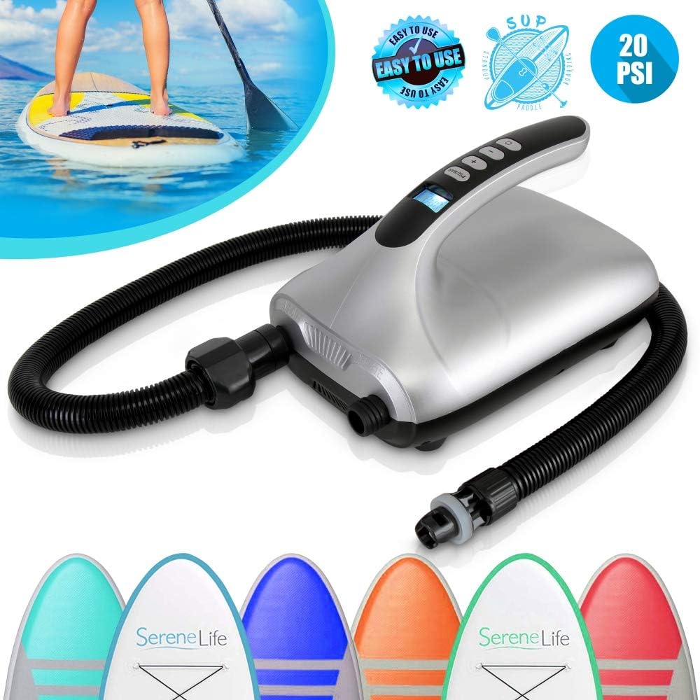 NEW - SereneLife 20PSI High Pressure SUP Electric Air Pump,Dual Stage Inflation Paddle Board Pump for Inflatable Stand Up Paddle Boards,Boats,Kayak,12V DC Car Connector By SereneLife,Silver - Retail $69