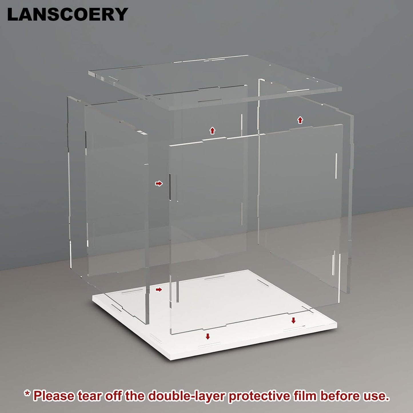 NEW - LANSCOERY Clear Acrylic Display Case, Assemble Cube Display Box Stand with White Base, Dustproof Protection Showcase for Collectibles Memorabilia Figurines (15.7x15.7x15.7inch; 40x40x40cm) - Retail $88