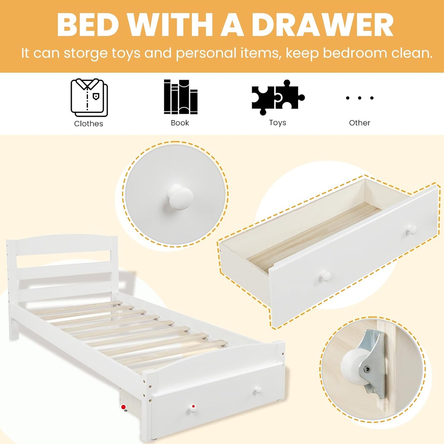 NEW - Twin Bed Frames Platform Wood with Headboard Drawer, Wooden Slats Support Mattress Foundation, No Box Spring Needed - Retail $165