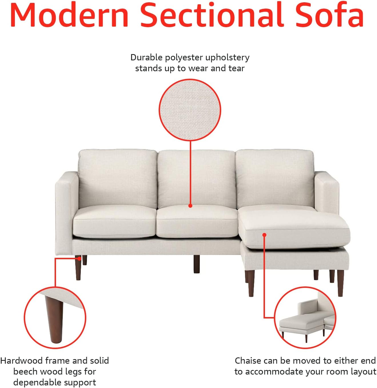 NEW - Rivet Revolve Modern Upholstered Sectional, Reversible Chaise, 80"W, Linen - Retail $1226