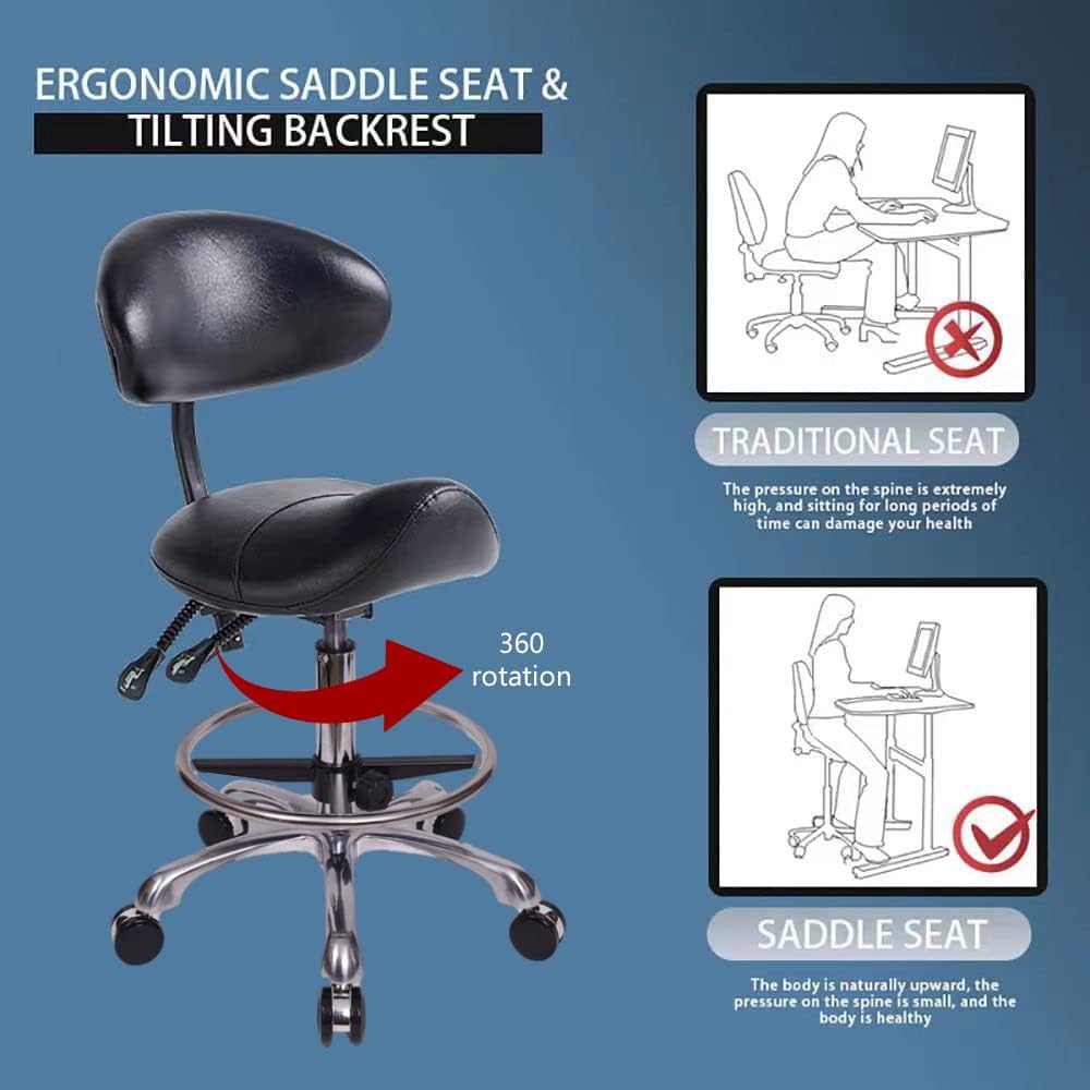 NEW - Saddle Stool Chair with Backrest and Foot Ring, Ergonomic Rolling Esthetician Seat for Salon, Tattoo Shop, Spa, Facial lash Home, Dentist Clinic, Esthetician Chair, Black - Retail $158