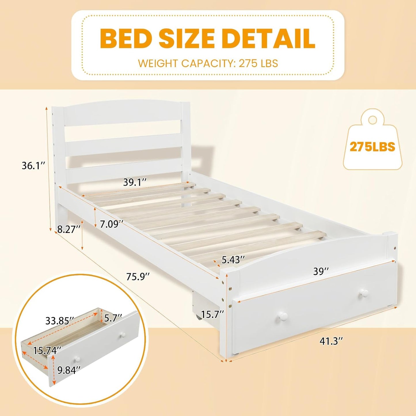 NEW - Twin Bed Frames Platform Wood with Headboard Drawer, Wooden Slats Support Mattress Foundation, No Box Spring Needed - Retail $165