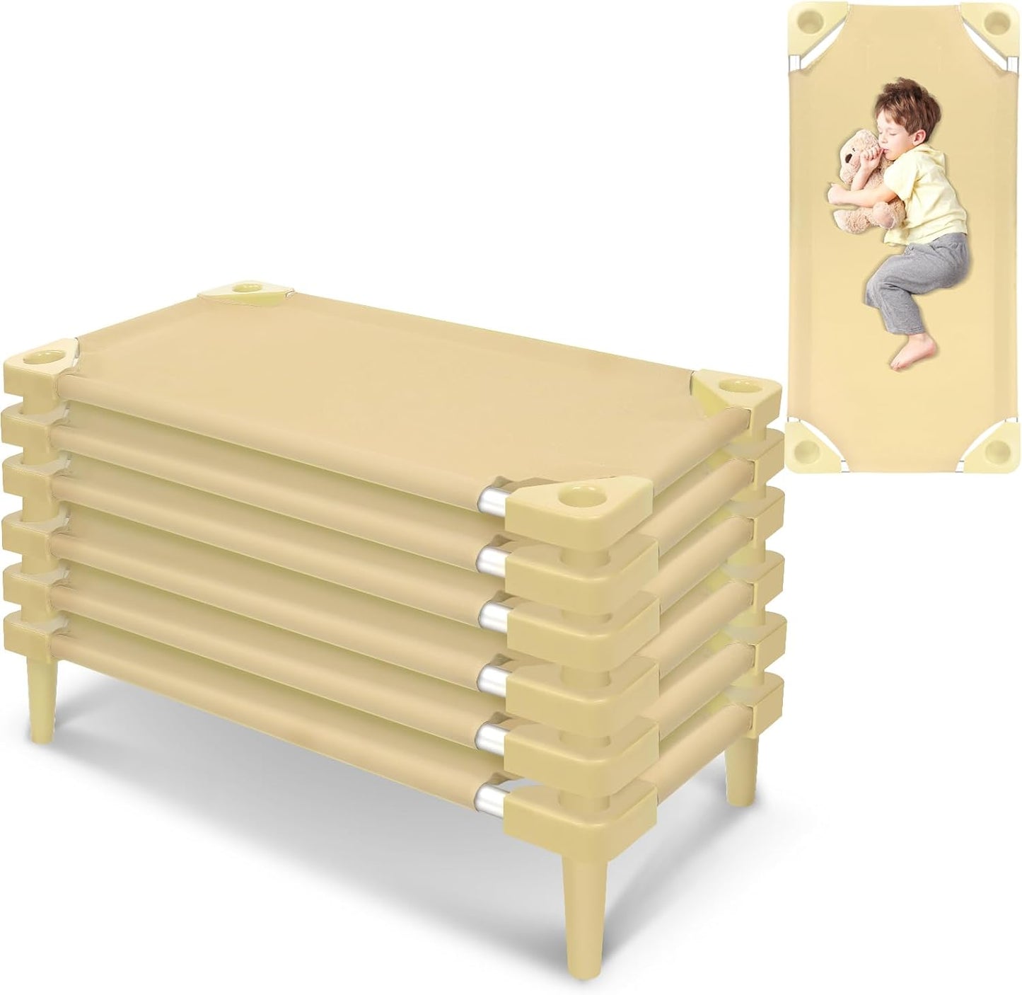 NEW - Leinuosen Stackable Daycare Cots for Kids, 47" L x 22" W Portable Toddler Nap Cot for Sleeping, Portable Bed for Preschool Classroom Furniture Ready to Assemble for Sleep (Beige, 6 Pcs) - Retail $117