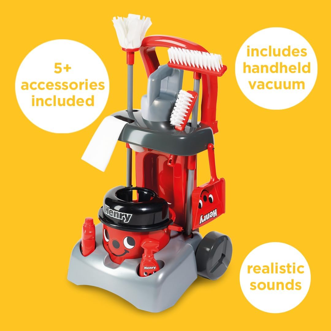 NEW - Casdon Henry & Hetty Toys - Henry Deluxe Cleaning Trolley - Red Henry-Inspired Toy Playset with Working Hand Vacuum - Kids Cleaning Trolley Set with Accessories - for Children Aged 3+ - Retail $44