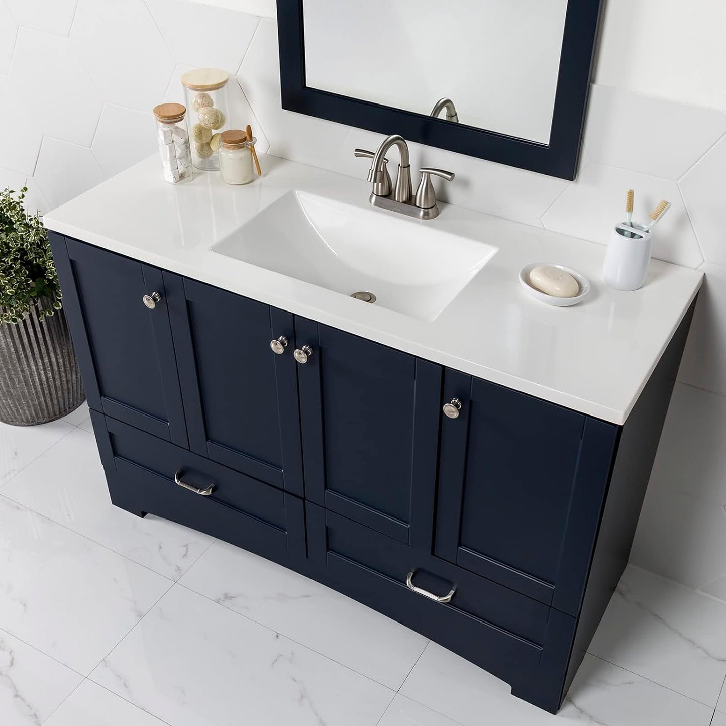 NEW - Spring Mill Cabinets Emlyn Bathroom Vanity with 3 Cabinets, 2 Shelves, 2 Drawers, and White Sink Top, 48.25" W x 18.75" D x 32.89" H, Deep Blue - Retail $662