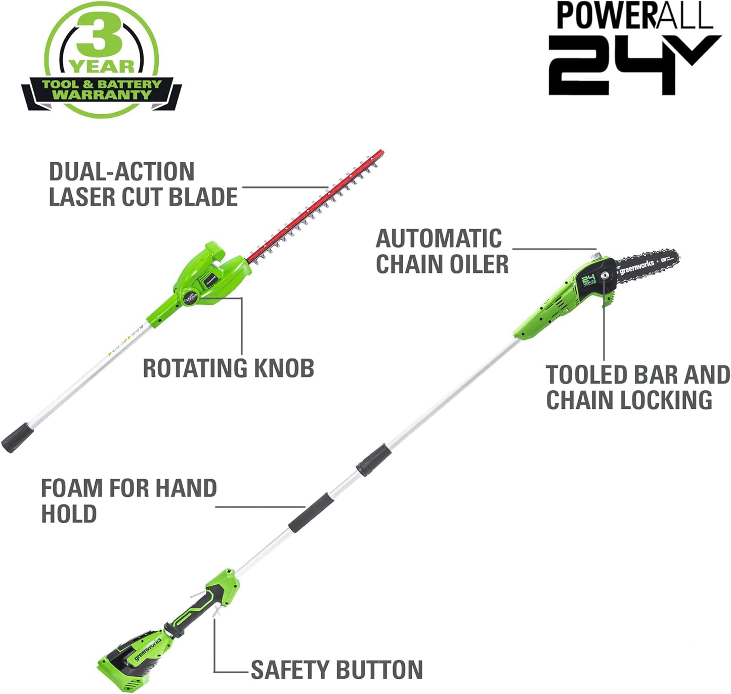 Greenworks 24V 8"  Polesaw + 20" Pole Hedge Trimmer Combo, Battery and Charger - Retail $199