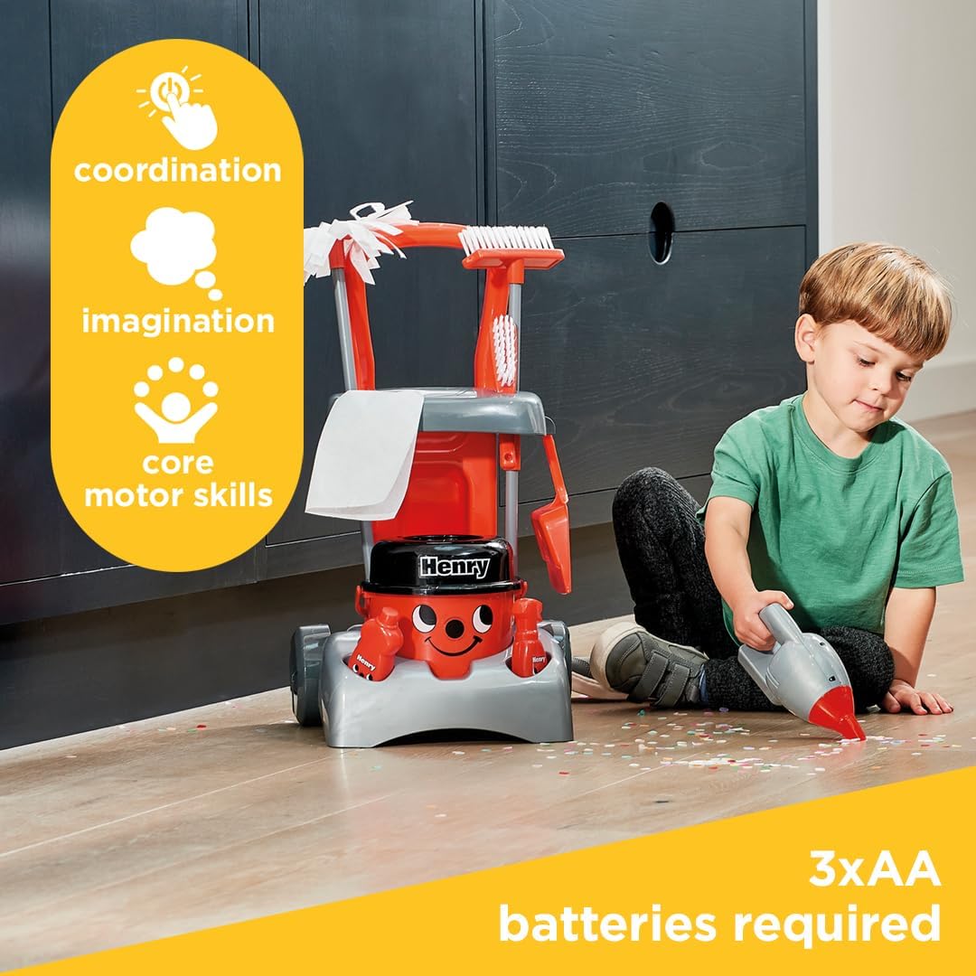 NEW - Casdon Henry & Hetty Toys - Henry Deluxe Cleaning Trolley - Red Henry-Inspired Toy Playset with Working Hand Vacuum - Kids Cleaning Trolley Set with Accessories - for Children Aged 3+ - Retail $44