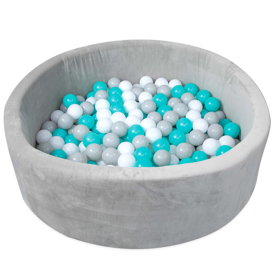 NEW - Nuby Velvet Ball Pit, Soft Play Foam Ball Pits for Baby and Toddlers with 200 Colored Balls Included, Ball Pit Playpen, Indoor Play Gym, Outdoor Play Ball Pit for Babies, Bounce Ball Game Aqua & Gray - Retail $99