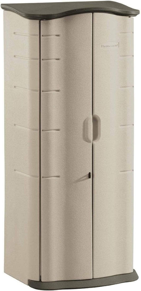 NEW w/ dent - Rubbermaid Vertical Resin Weather Resistant Outdoor Storage Shed, 2x2.5 ft., Olive and Sandstone, for Garden/Backyard/Home/Pool - Retail $329