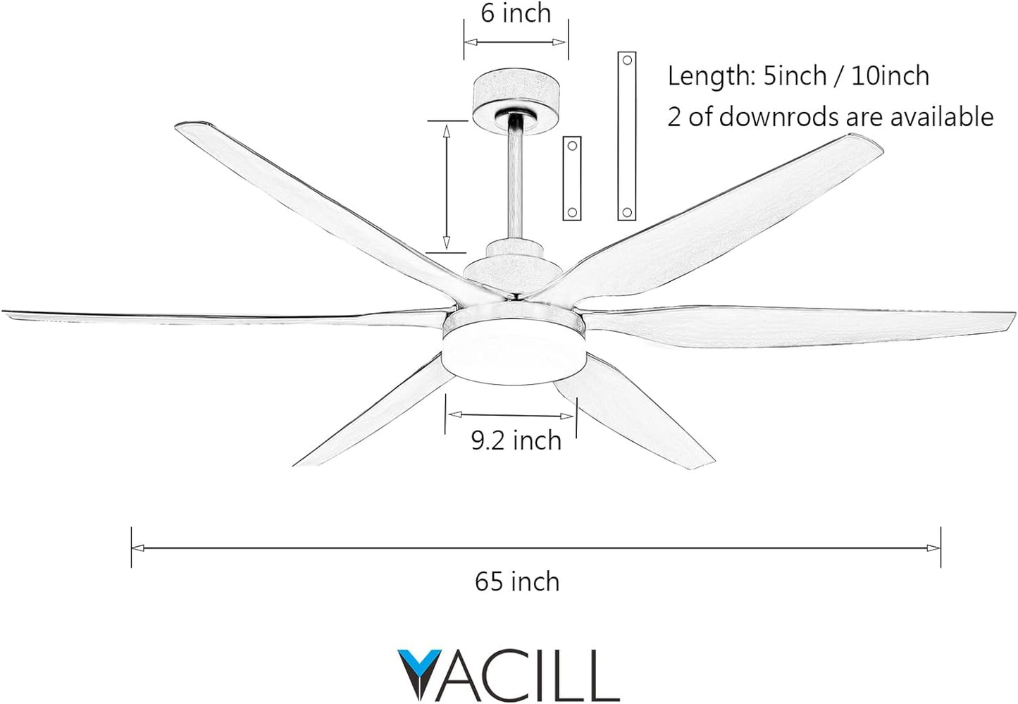 VACILL 65 inch Large Ceiling Fan with Light and Remote,6 Blades,Noiseless DC Motor,LED Light Dimmable,6 Speed Levels,White - Retail $129