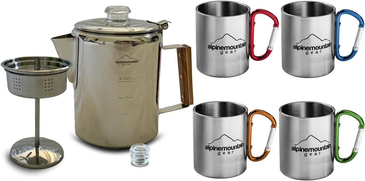 9-Cup Coffee Percolator Set with 4 Mugs – Stainless Steel Camping Coffee Pot,