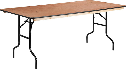 Flash Furniture Fielder 6ft Rectangular All-Occasion Wood Folding Event Table, Foldable Portable Banquet Table with Wooden Top, Natural/Black - Retail $186