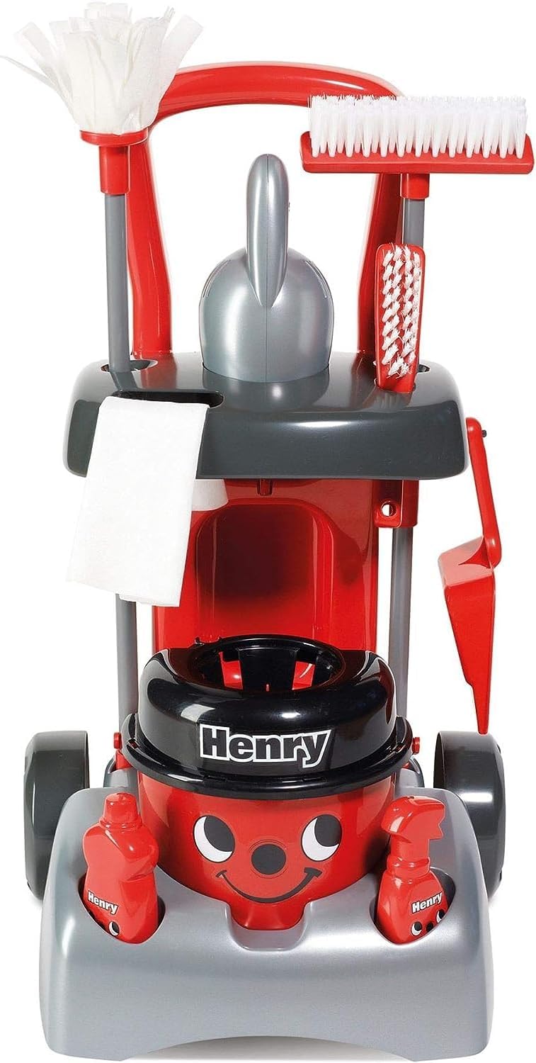 NEW - Casdon Henry & Hetty Toys - Henry Deluxe Cleaning Trolley - Red Henry-Inspired Toy Playset with Working Hand Vacuum - Kids Cleaning Trolley Set with Accessories - for Children Aged 3+ - Retail $44