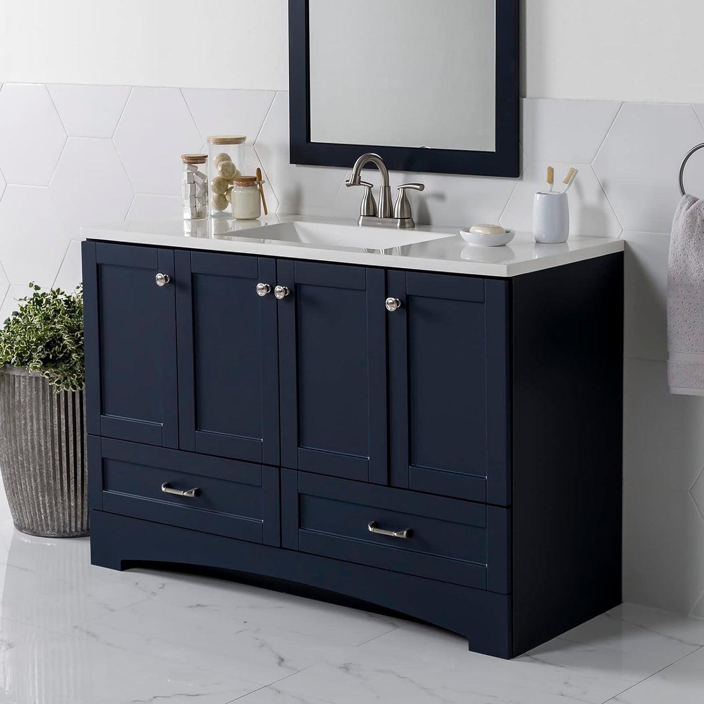 NEW - Spring Mill Cabinets Emlyn Bathroom Vanity with 3 Cabinets, 2 Shelves, 2 Drawers, and White Sink Top, 48.25" W x 18.75" D x 32.89" H, Deep Blue - Retail $662