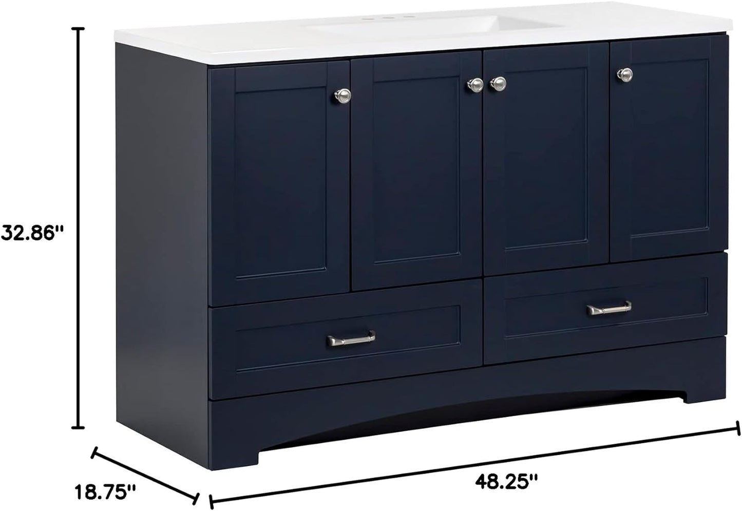 NEW - Spring Mill Cabinets Emlyn Bathroom Vanity with 3 Cabinets, 2 Shelves, 2 Drawers, and White Sink Top, 48.25" W x 18.75" D x 32.89" H, Deep Blue - Retail $662