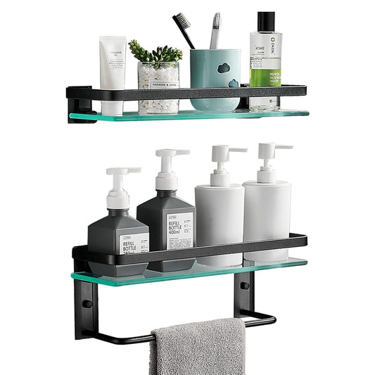 Ddtohan 15.7 Inches Glass Bathroom Shelf, Floating Shelves with Rail and Towel Bar, 2- Tier 8mm Thick Tempered Glass Wall Mounted Shower Storage for Bathroom, Office, Laundry Room - Retail $20