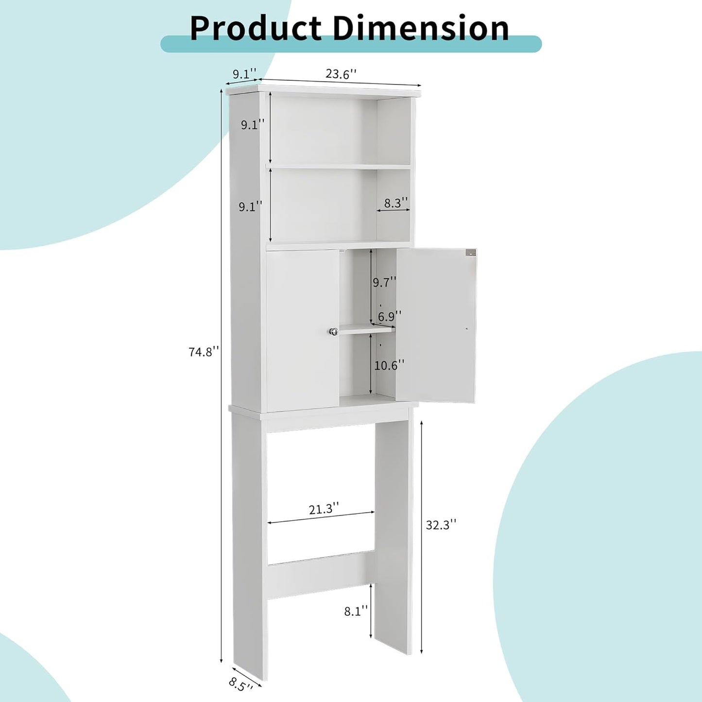 Shintenchi Over The Toilet Storage Cabinet, Bathroom Above The Toilet Rack, Bathroom Adjustable Shelf Organizer with Open Bottom Bar and Anti-Tip Device, White - Retail $81