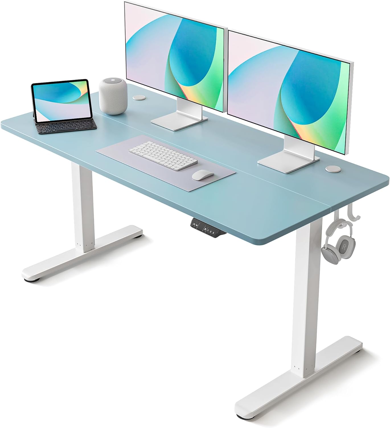 NEW - FEZIBO Electric Standing Desk, 55 x 24 Inches Height Adjustable Stand up Desk, Sit Stand Home Office Desk, Computer Desk, Blue - Retail $210