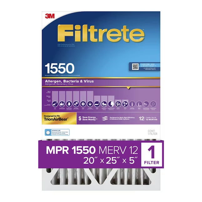 NEW - Filtrete 20x25x5 Air Filter MPR 1550 DP MERV 12, Healthy Living Ultra Allergen Deep Pleat, 2-Pack, Fits Lennox & Honeywell Devices (exact dimensions 19.56 x 24.19 x 4.69) - Retail $35