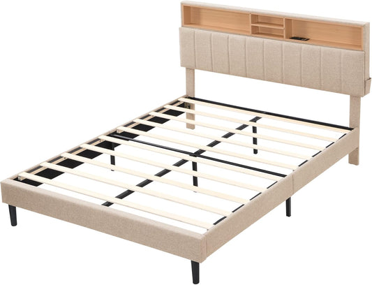 Queen Bed Frame,Platform Bed with Storage Headboard and Power Outlets, USB Ports Charging Station, Sturdy and No Noise, No Box Spring Needed, Linen Fabric Upholstered Bed (Beige) - Retail $270