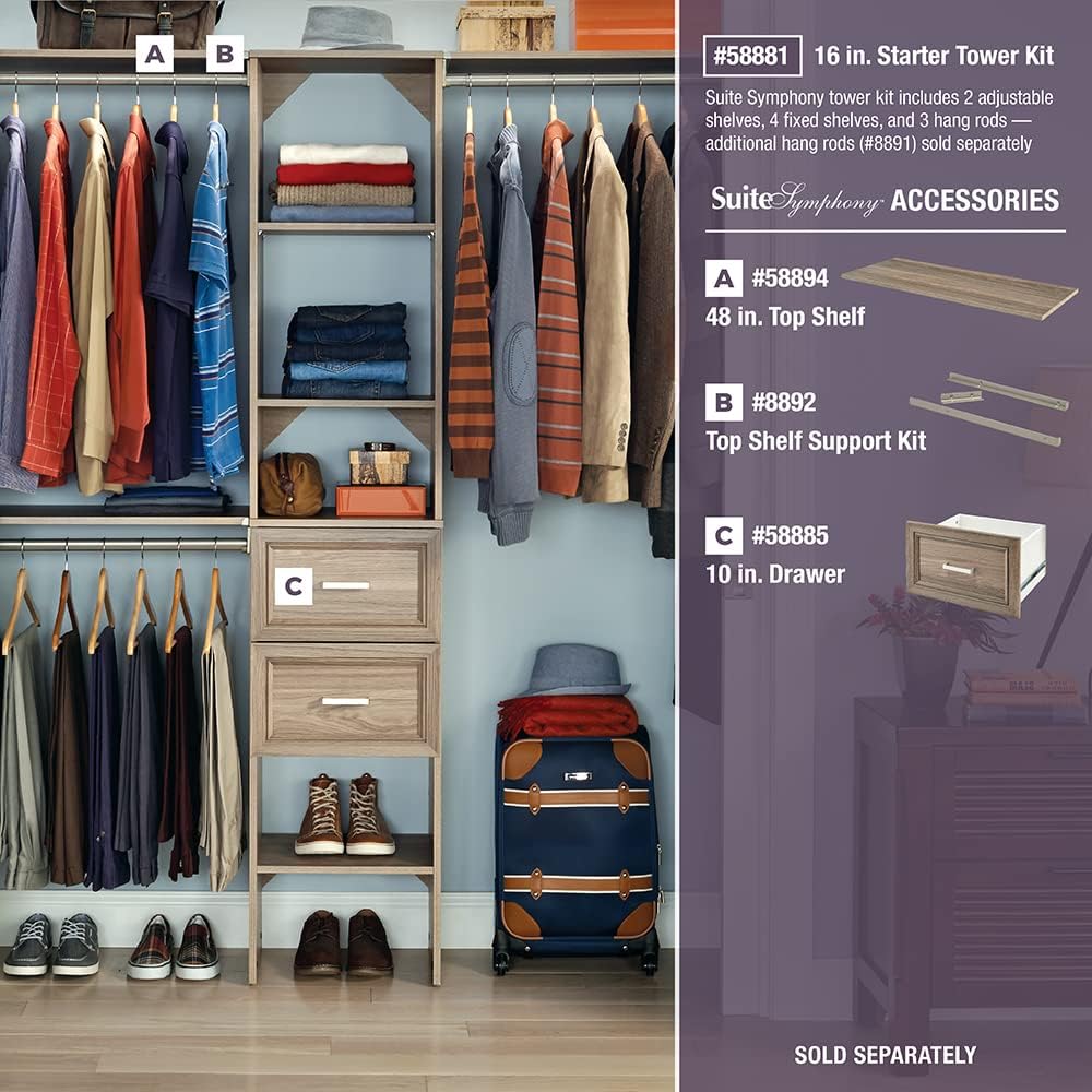 NEW w/ dmg - ClosetMaid SuiteSymphony Wood Closet Organizer Starter Kit with Tower and 3 Hang Rods Shelves, Adjustable, Fits Spaces 4 – 9 ft. Wide, Natural Gray, 16"