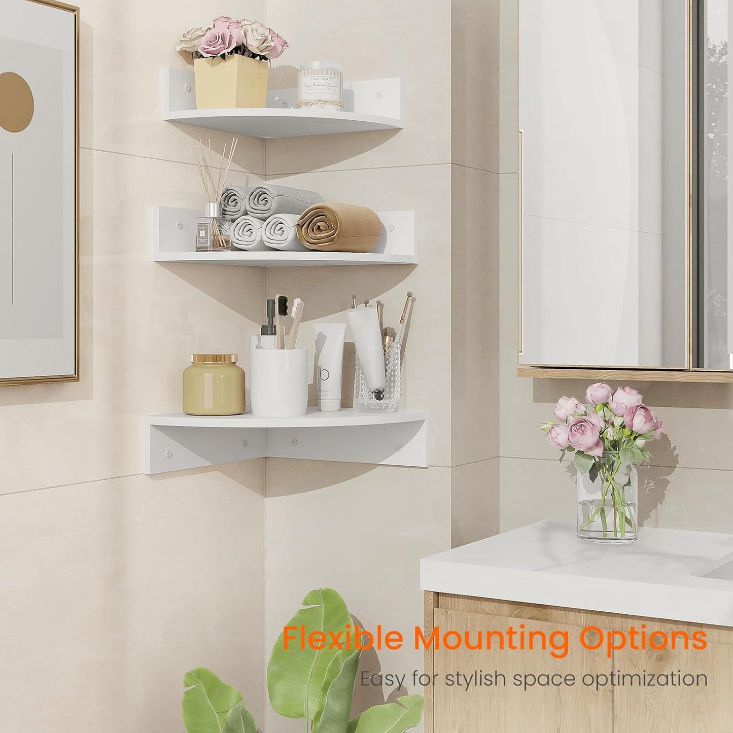 Homode White Floating Corner Shelves, Set of 3 Wood Corner Wall Shelves with Wire Hole, 12 Inch Deep