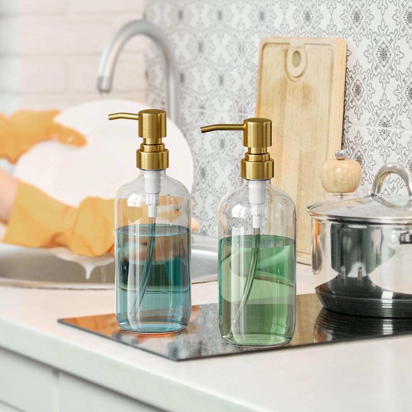 AmazerBath Soap Dispenser, 2 Pack Glass Soap Dispenser with Pump Stainless Steel, 17OZ