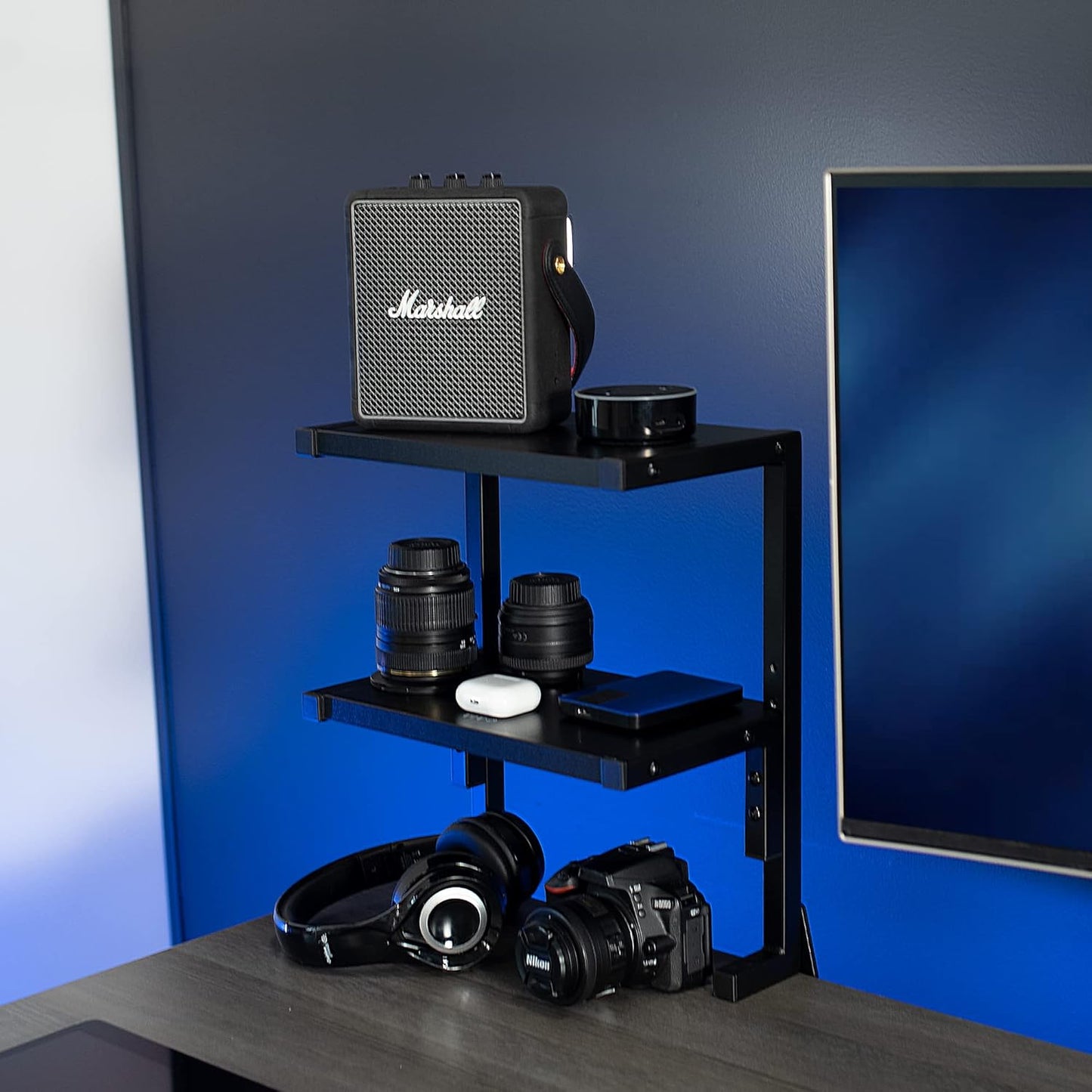VIVO Clamp-on 13 inch Above or Below Desk 2-Tier Shelving Unit for Table Accessories, Gaming Devices, and More, Storage Tray, Desktop Organizer, Black, STAND-SHELF2C - Retail $40