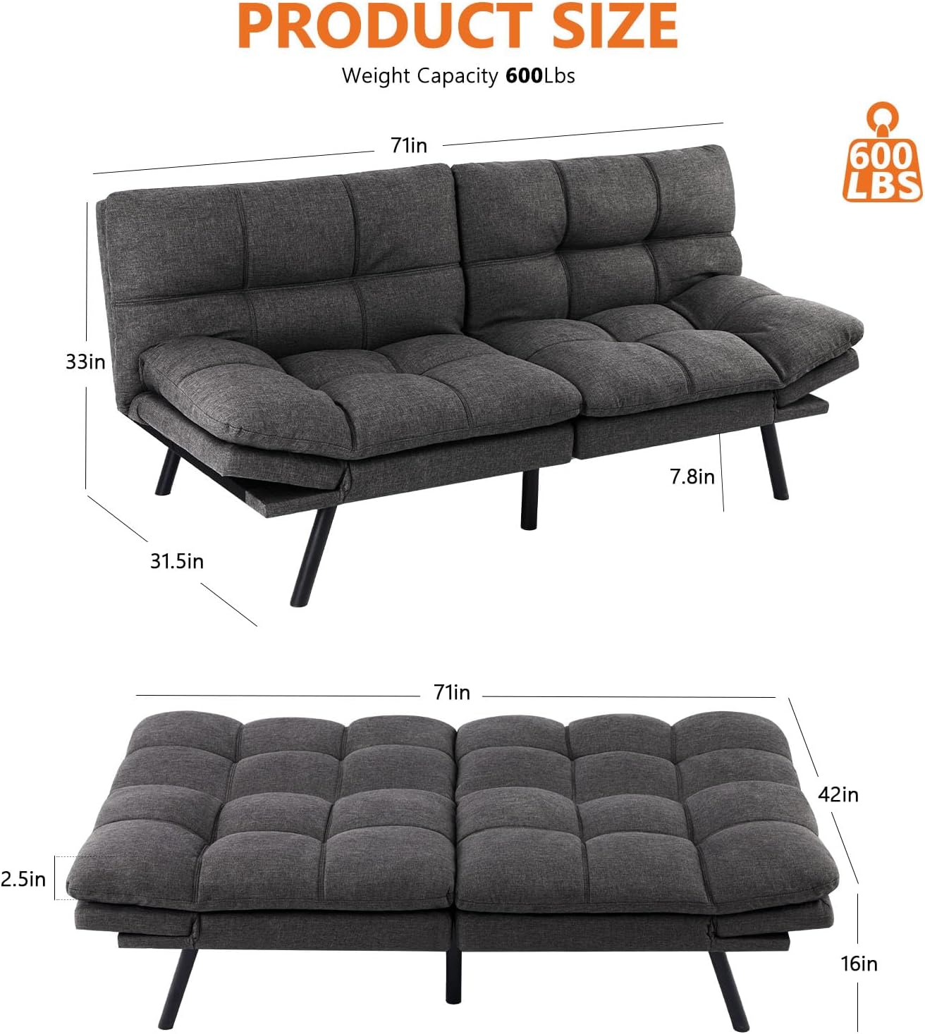 Sweetcrispy Futon Sofa Bed - Leather Sofa Futon Couch, Linen, Grey - Retail $239