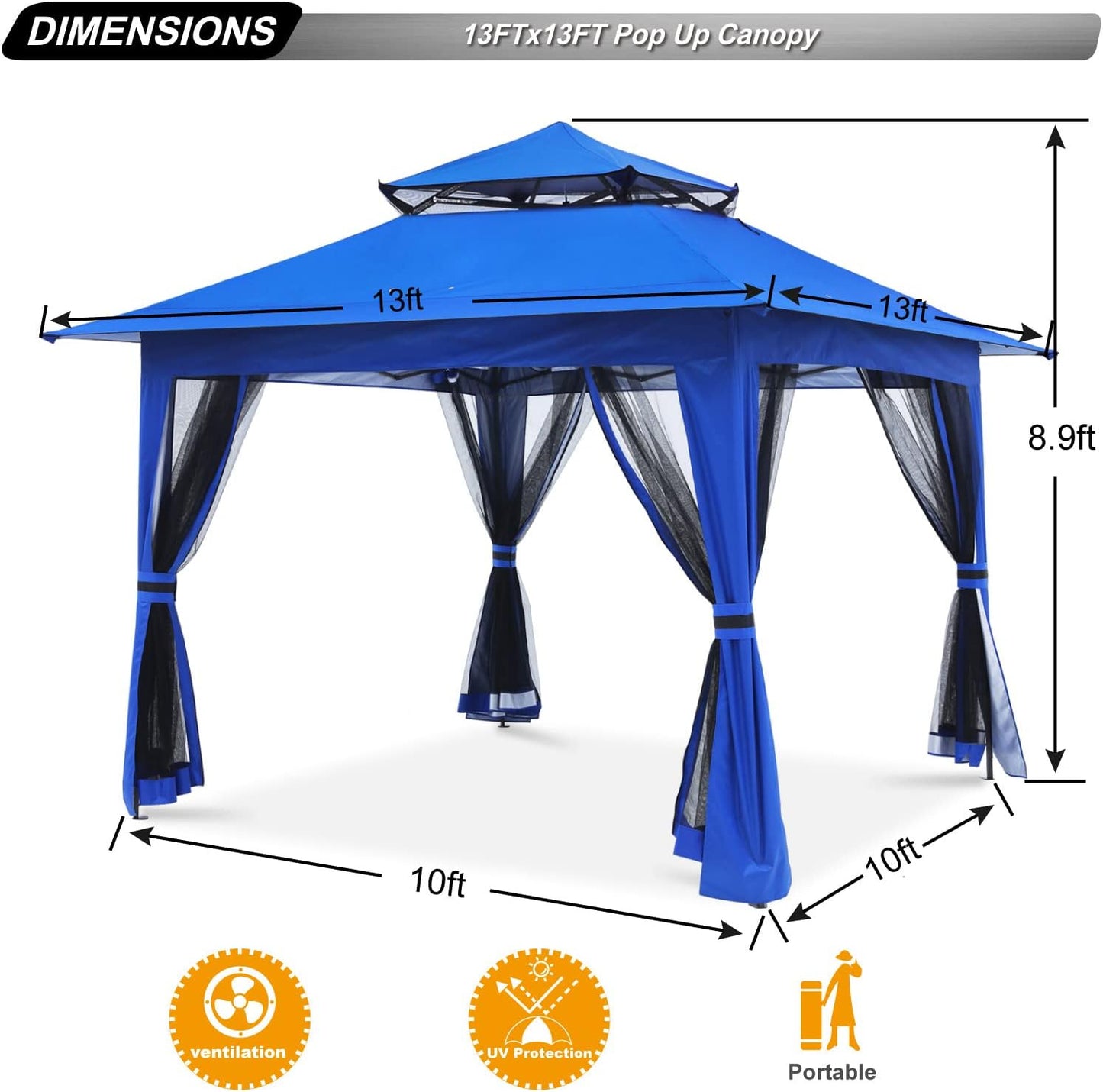 NEW - ABCCANOPY Pop Up Gazebo 13x13 - Outdoor Canopy Tent with Mosquito Netting for Patio Garden Backyard (Blue) - Retail $179