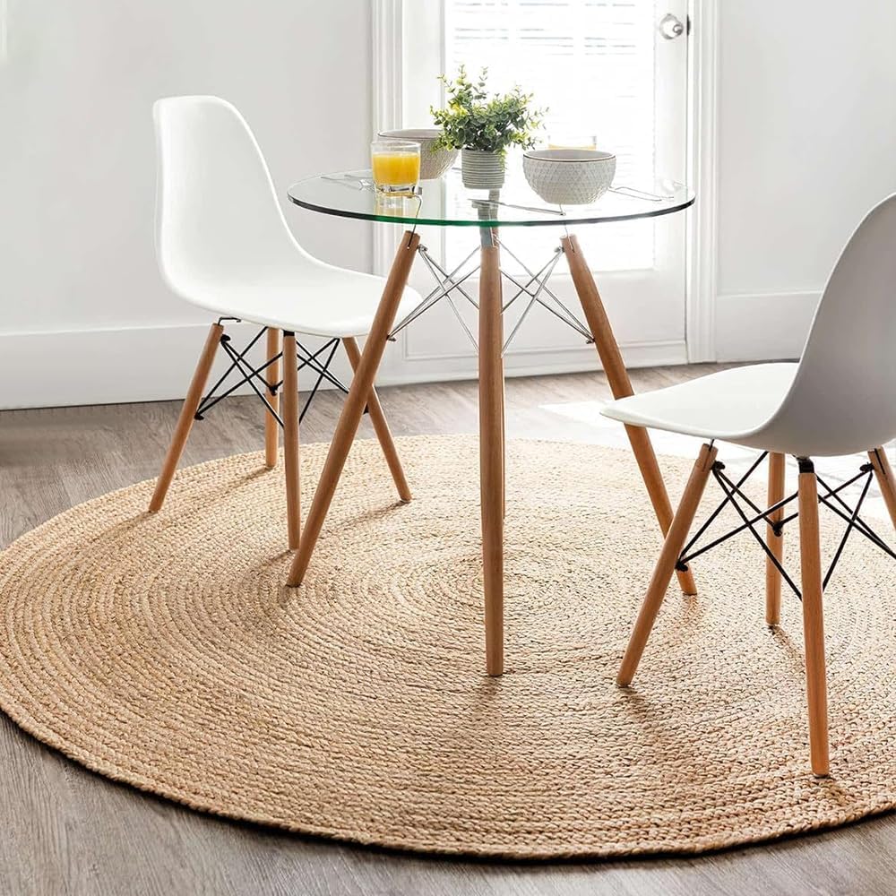 Handwoven Jute Area Rug - 8 feet Round - Natural Fiber - Rustic Vintage Beige Braided Reversible Rug - Eco Friendly Rugs for Bedroom - Kitchen - Living Room - Farmhouse - Retail $118