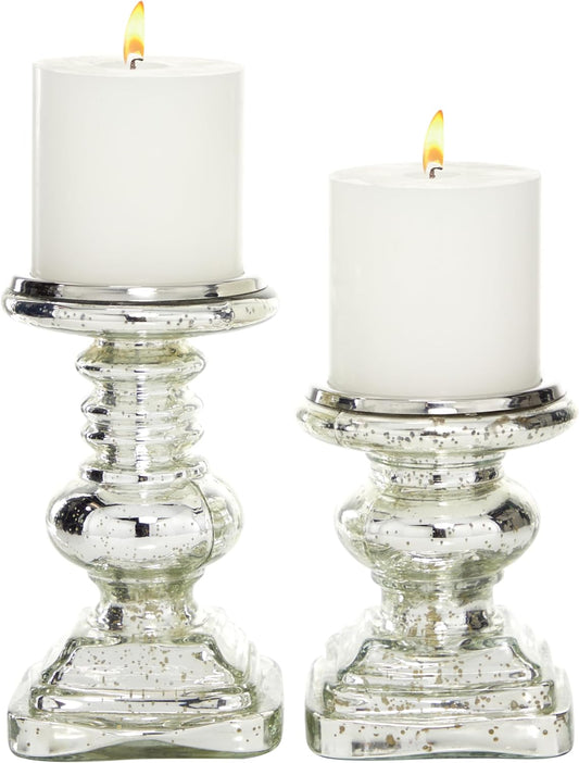 NEW - Deco 79 Glass Handmade Turned Style Pillar Candle Holder with Faux Mercury Glass Finish, Set of 2 9", 7"H, Silver - Retail $29