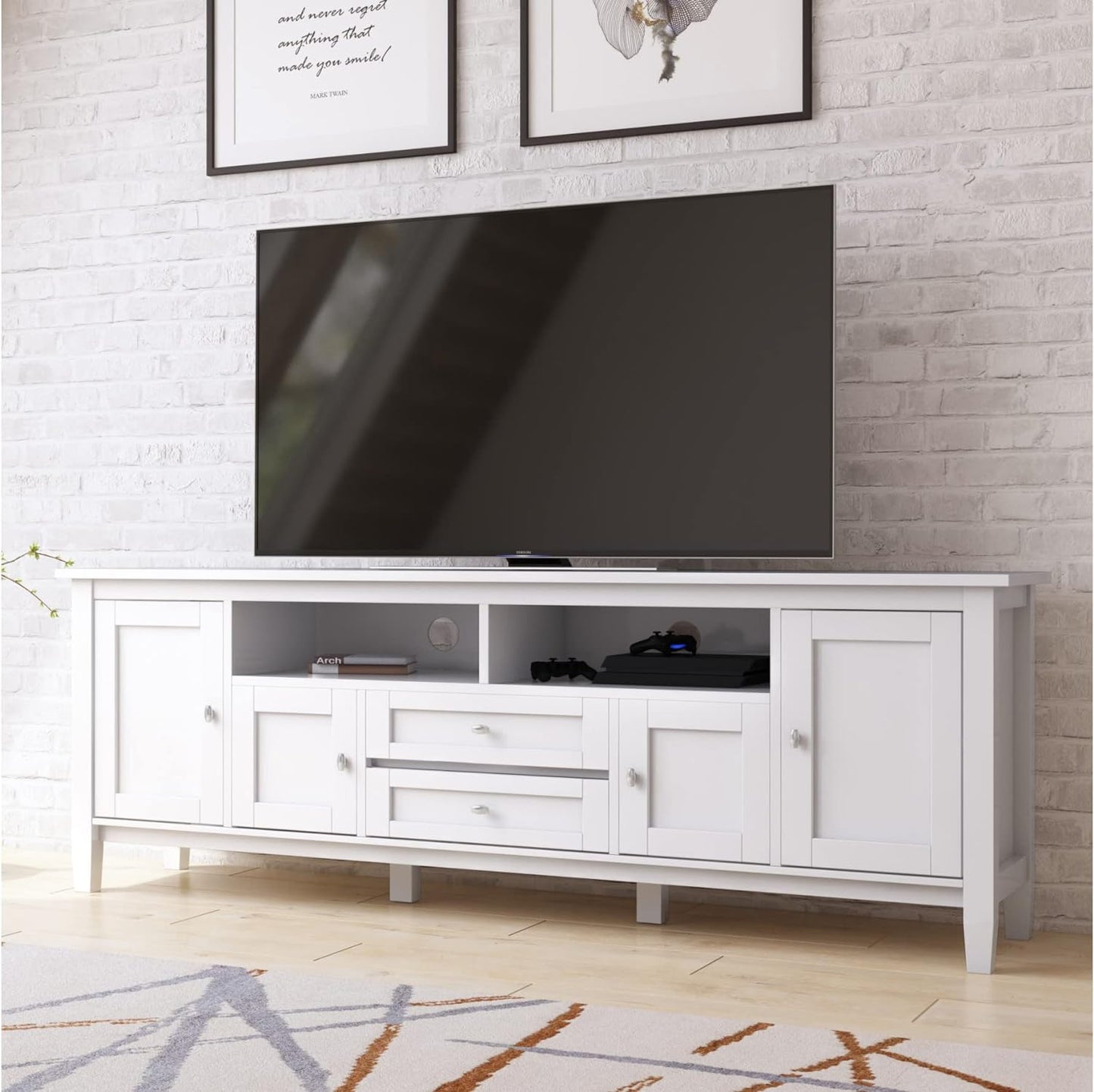 NEW - SIMPLIHOME Warm Shaker SOLID WOOD Universal TV Media Stand, 72 inch Wide, Farmhouse Rustic, Living Room Entertainment Center, Storage Shelves and Cabinets, for Flat Screen TVs up to 80 inches in White - Retail $539