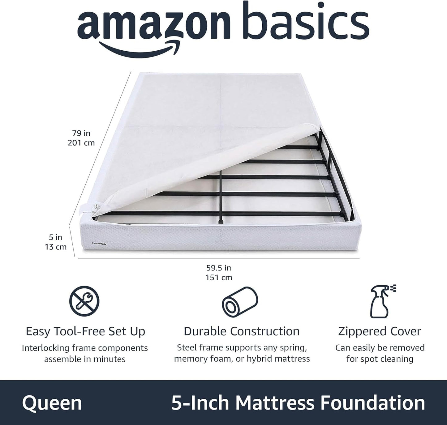 QUEEN Amazon Basics Smart Box Spring Bed Base, 5 Inch Mattress Foundation, Tool-Free Easy Assembly, Queen, White - Retail $116