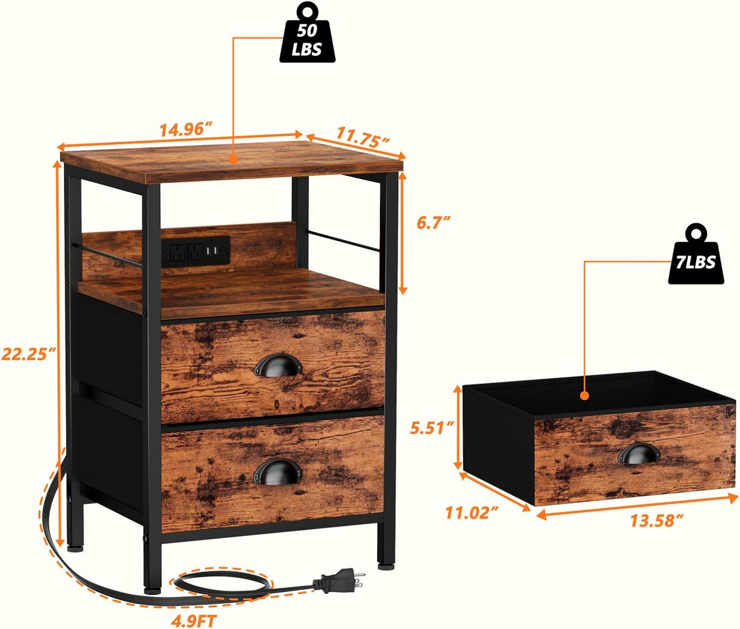 Furologee Nightstand Set of 2, Rustic Brown, with Charging Station and USB Ports, Side Tables with 2 Fabric Drawers, Bedside Tables with Storage Shelf & Hooks, for Living Room/Bedroom - Retail $109