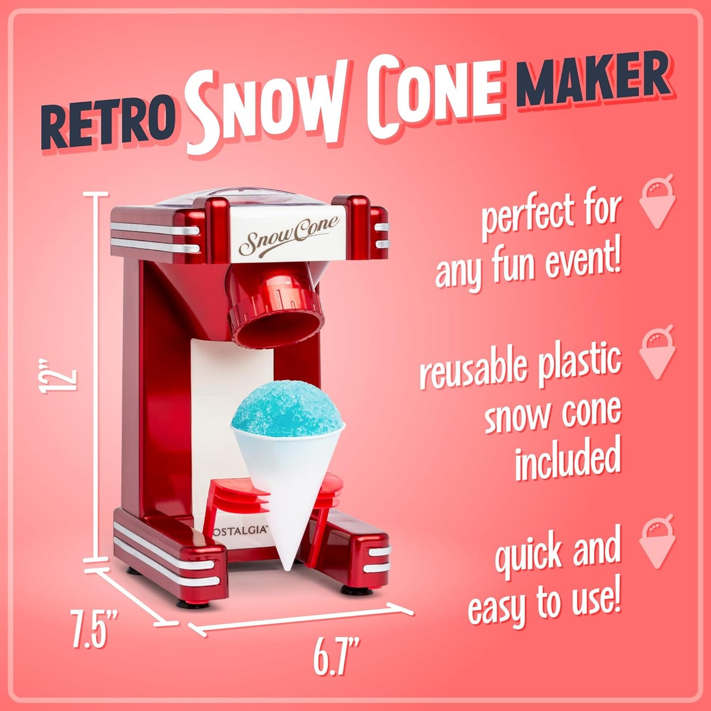 NEW - Nostalgia Snow Cone Shaved Ice Machine - Retro Table-Top Slushie Machine Makes 20 Icy Treats - Includes 1 Reusable Plastic Cup - Retro Red - Retail $37