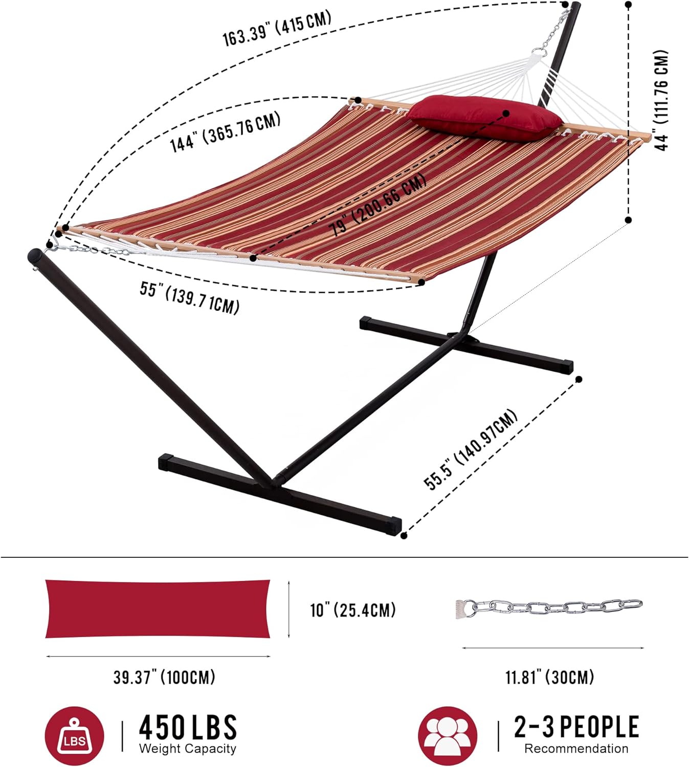 NEW - Lazy Daze Quilted Fabric Hammock with 12-Foot Stand, Double 2-Person Hammock with Pillow for Outdoor Outside Patio, Garden, Backyard, 450LB Capacity, Red/Brown Stripe - Retail $135