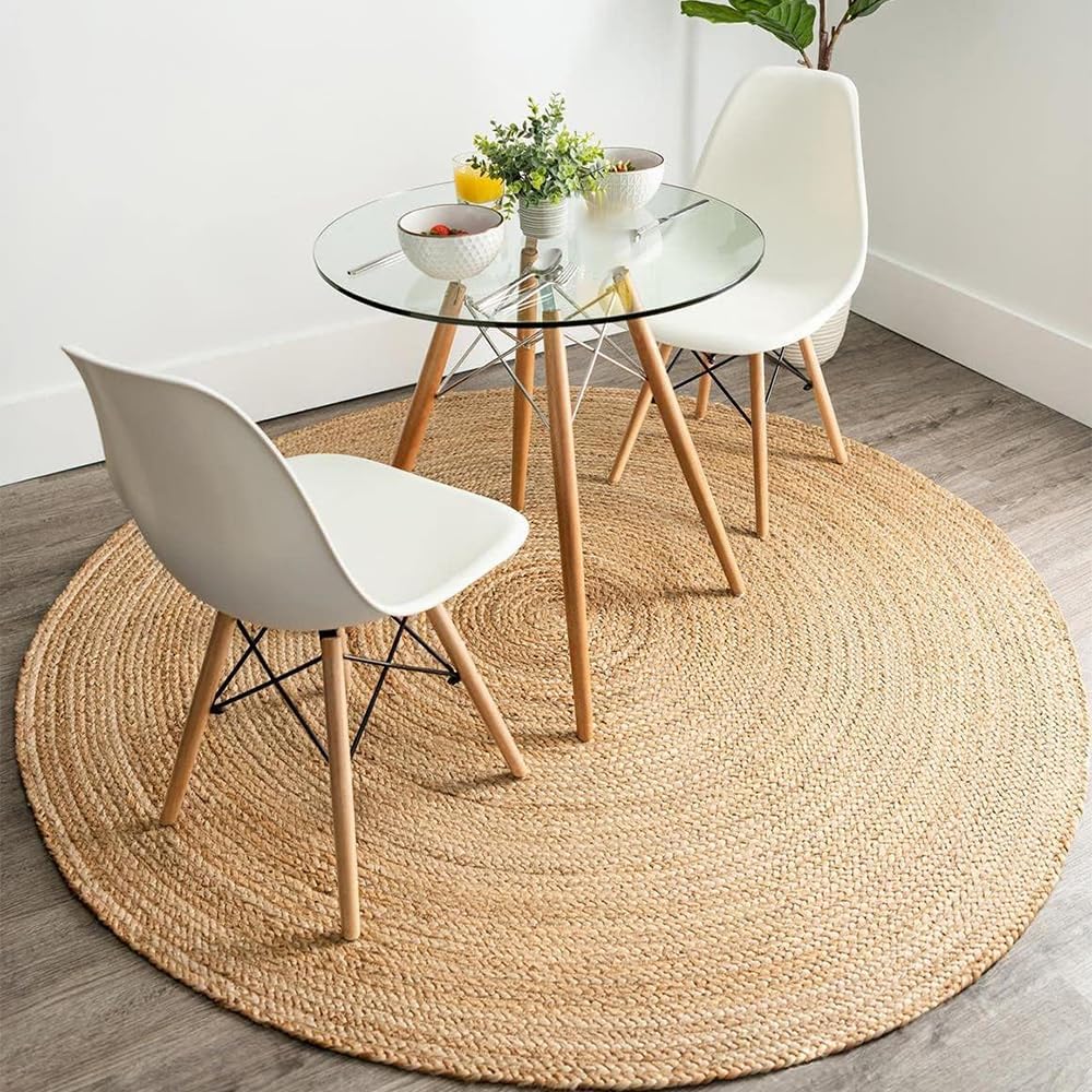 Handwoven Jute Area Rug - 8 feet Round - Natural Fiber - Rustic Vintage Beige Braided Reversible Rug - Eco Friendly Rugs for Bedroom - Kitchen - Living Room - Farmhouse - Retail $118