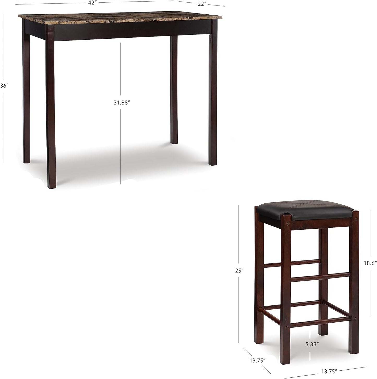 NEW - Linon Brown 3-Piece Table Faux Marble Tavern Set, 42" w x 22.25" d x 36" h - Retail $121