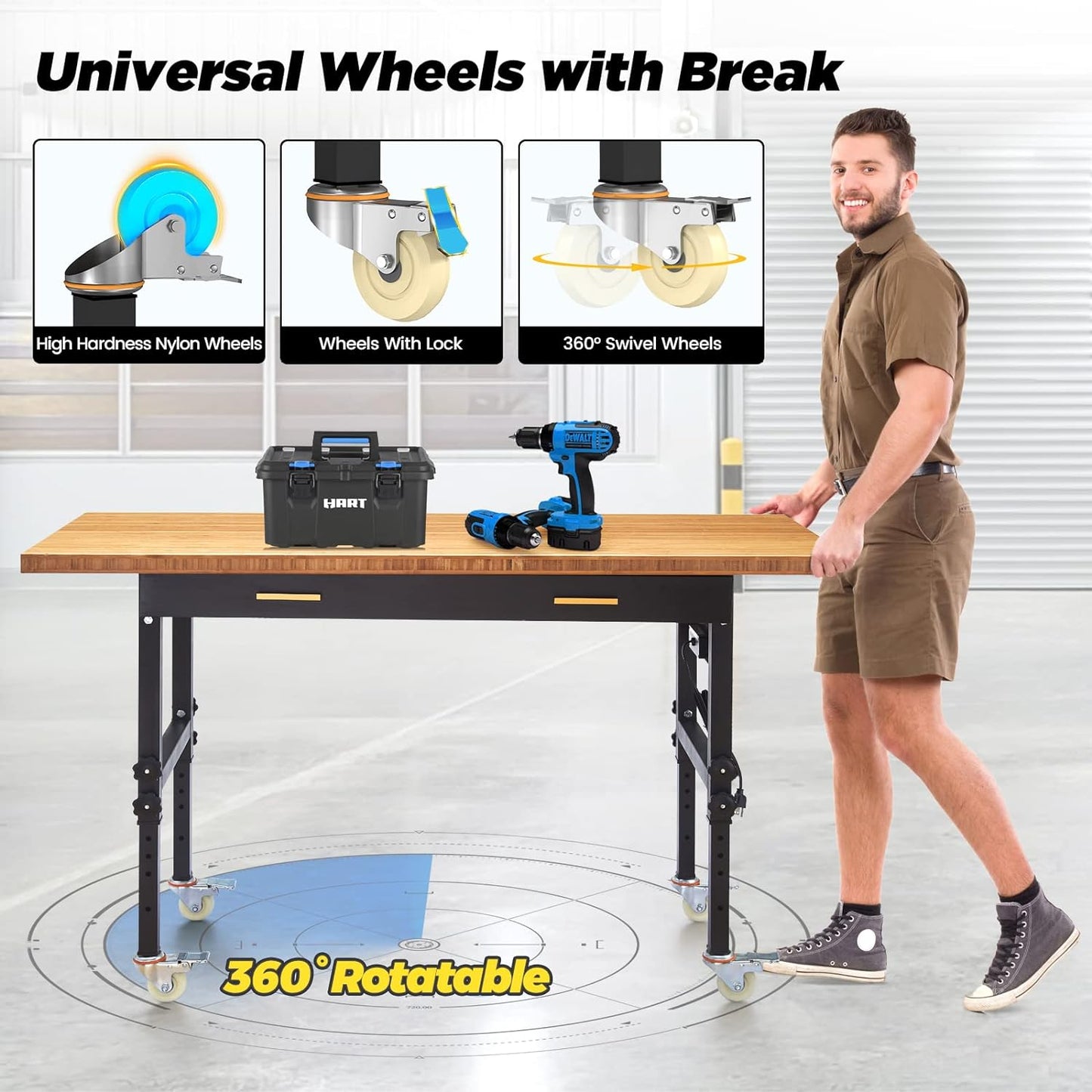 NEW - Workbench for Garage Workbench with Drawer Garage Workbench with Height Adjust with Power Outlet with Wheels 59" x 23.6" 1.5" Thick Bamboo Top 2700lbs Capacity Workbench for Home - Retail $499