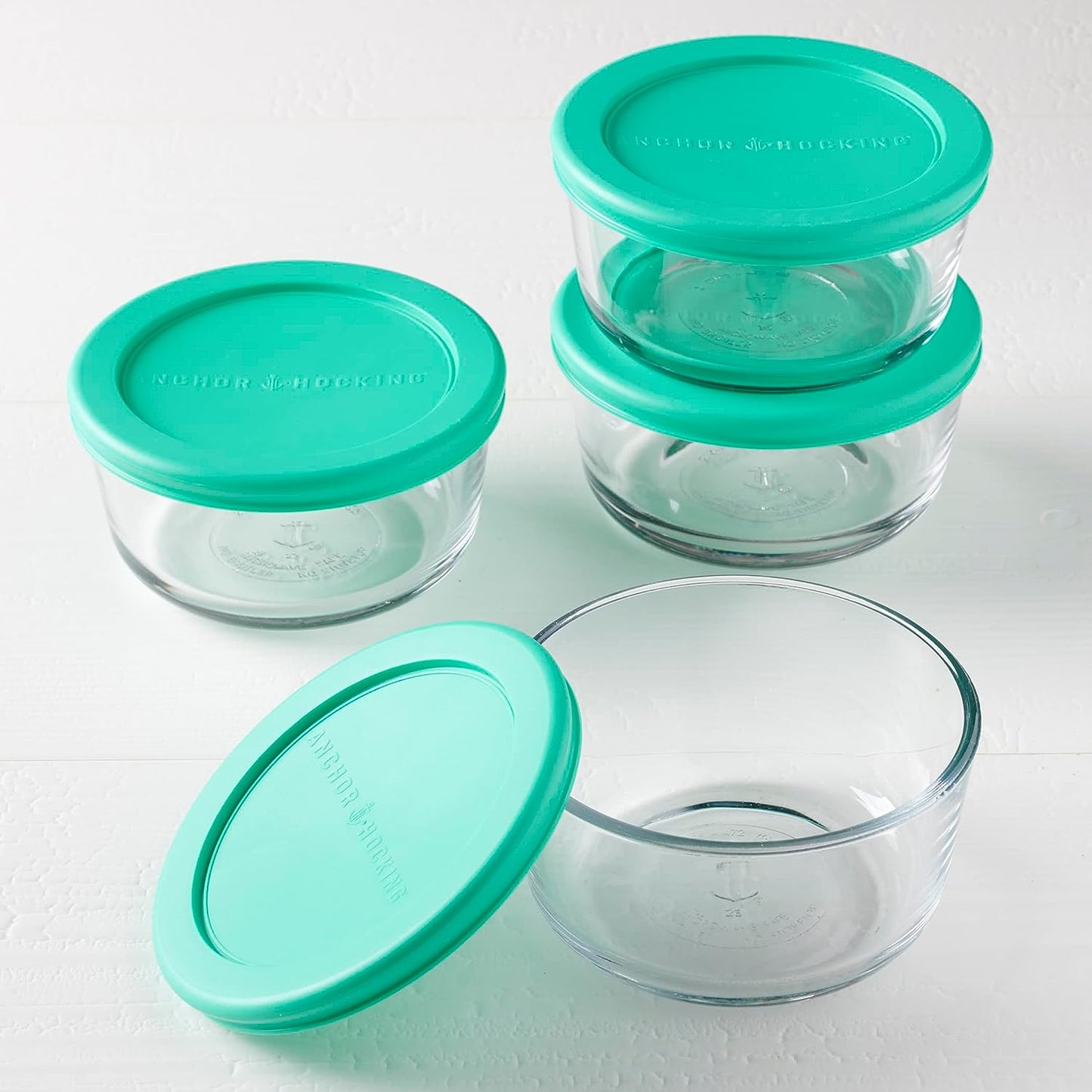 Anchor Hocking 2 Cup Glass Storage Containers with Lids, Set of 4 Glass Food Storage Containers with Mint SnugFit Lids - Retail $19