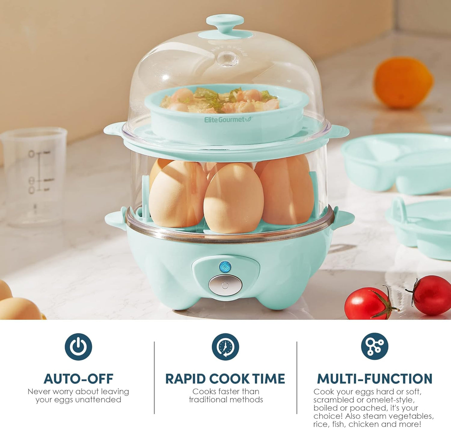 NEW - Elite Gourmet EGC1405M 2-Tiered Rapid Egg Cooker, 5-Egg Poacher, Omelets, Soft, Medium, Hard-Boiled Eggs with Auto Shut-Off and Buzzer, BPA Free, 14 eggs, Mint - Retail $27